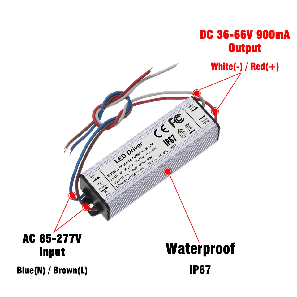 Высокая Мощность 60 W Светодиодный драйвер 36W 42 Вт 45 Вт 48 Вт 54 Вт 60 Вт 900mA DC35-66V Водонепроницаемый IP67 Питание размеры 36-42 45 48 54 корпусный прожектор на 60 Вт