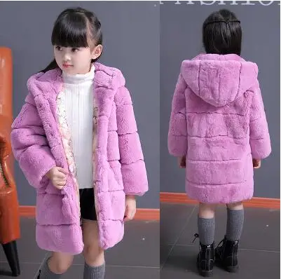 PURPLE Новое зимнее пальто с мехом для девочек шуба из кролика Рекс, Детское пальто с натуральным мехом Детское пальто с кроликом длинная меховая одежда, FDL007 - Цвет: PURPLE