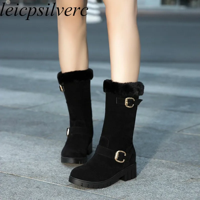 

Women Boots Autumn Winter Med Heel Warm Cow Suede Platform Mid-calf Motorcycle Shoes Round Toe 2018 New Sexy Fashion Black Brown
