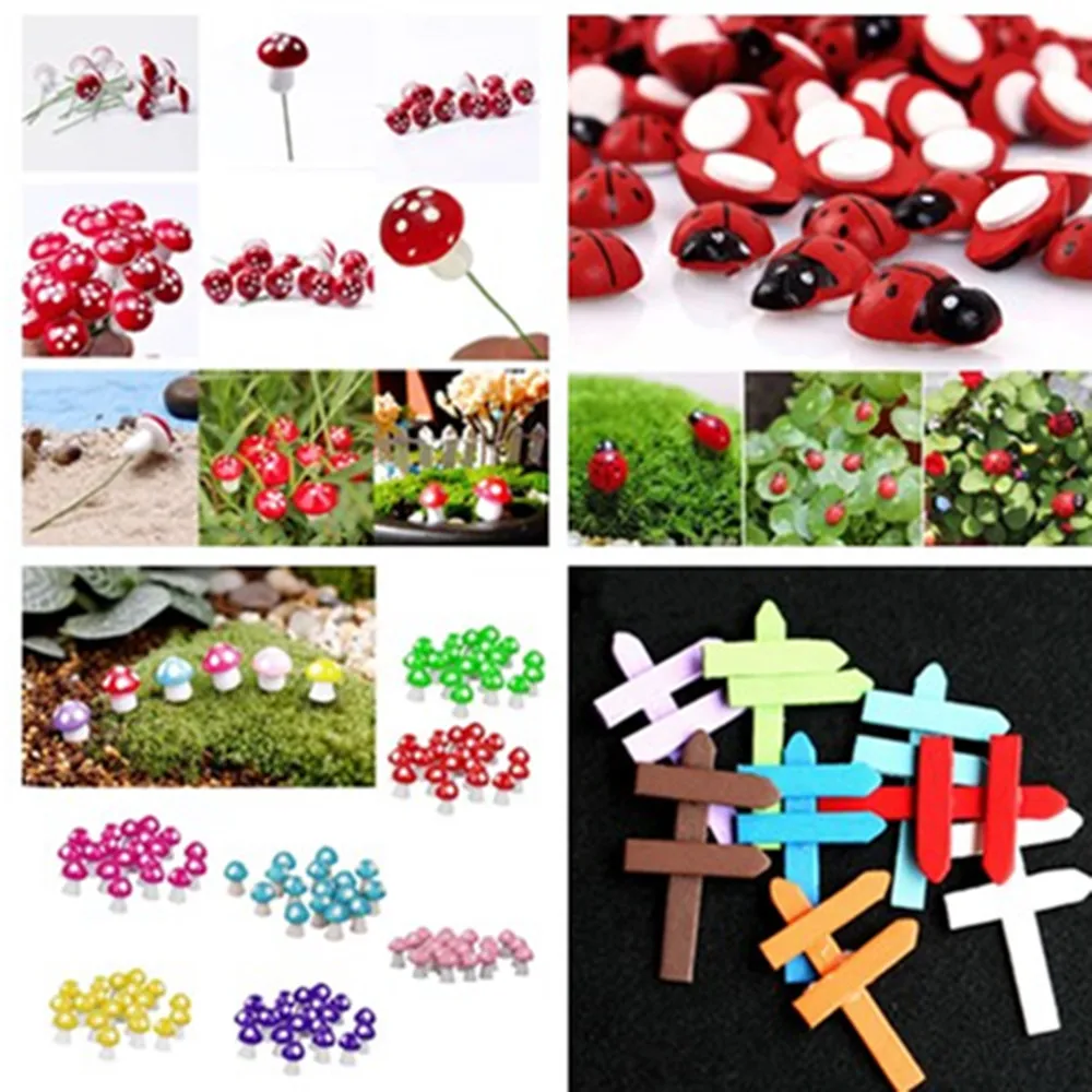

10Pcs/lot Kawaii Mushroom Ladybug Sign Board Signboard Mini Fairy Garden Animal Statue Miniature Resin Craft