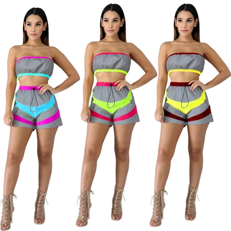 

Reflecting Light Strapless Playsuits Backless Activewear Crop Top And Shorts Two Piece Set Patchwork Tube Sexy Casual Bodysuit