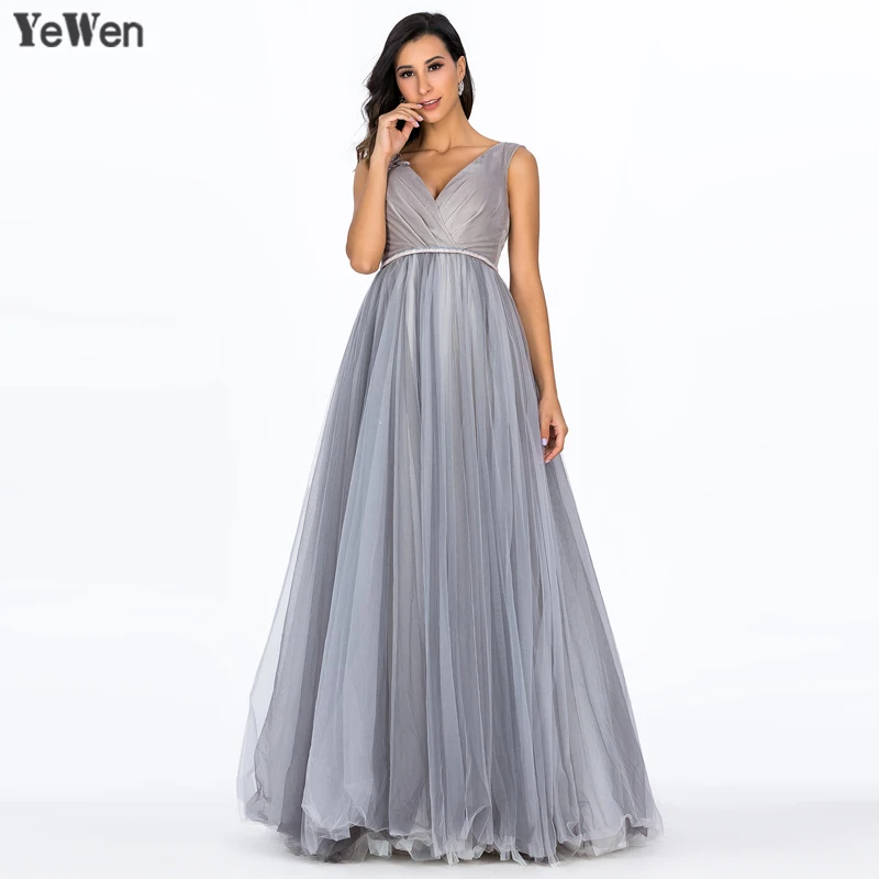 

Gray Formal dress women elegante 2018 V Neck Tulle Sleeveless Backless vintage Royal Wedding Guest Bridesmaid Dresses YW20001
