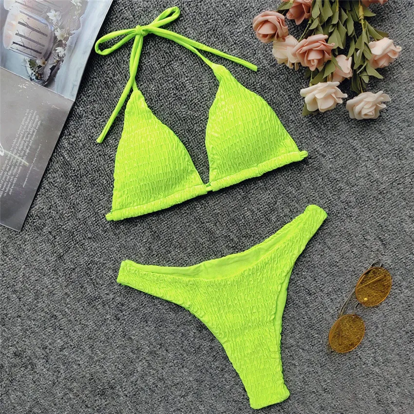 

New Sexy Neon Green Wrinkled Bikini 2019 Female Swimsuit Women Swimwear Two-pieces Bikini set Bather Bathing Suit Swim Lady