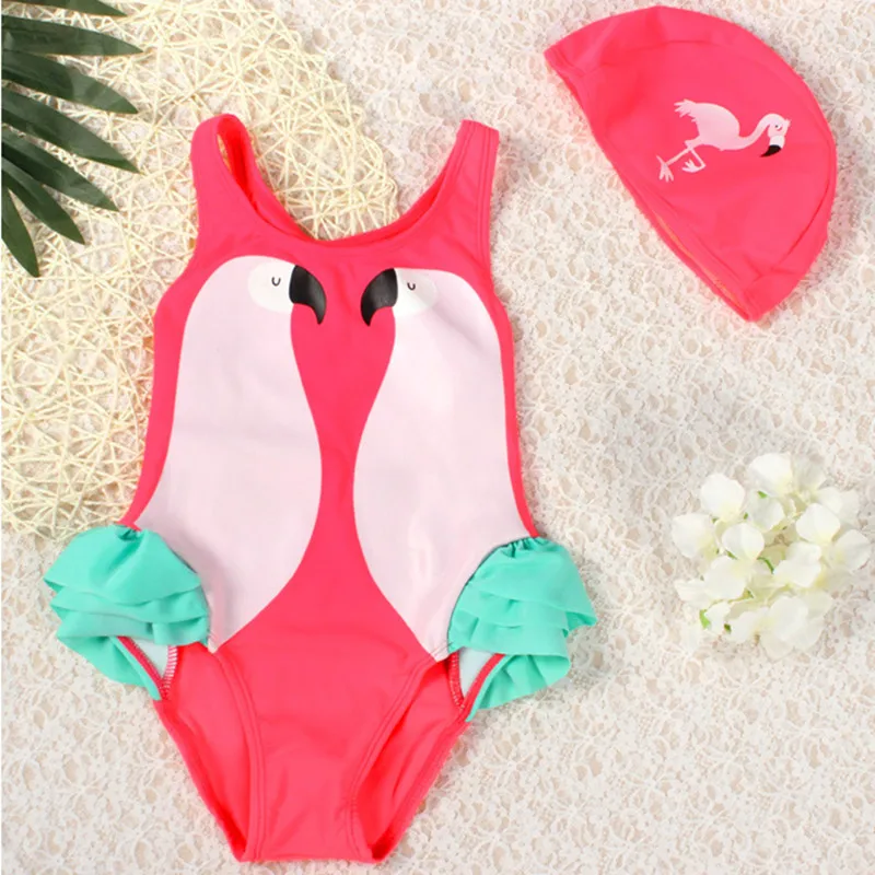 Parrot Black Swan Flamingo Swimsuit with Hat Cap Girl Baby Children