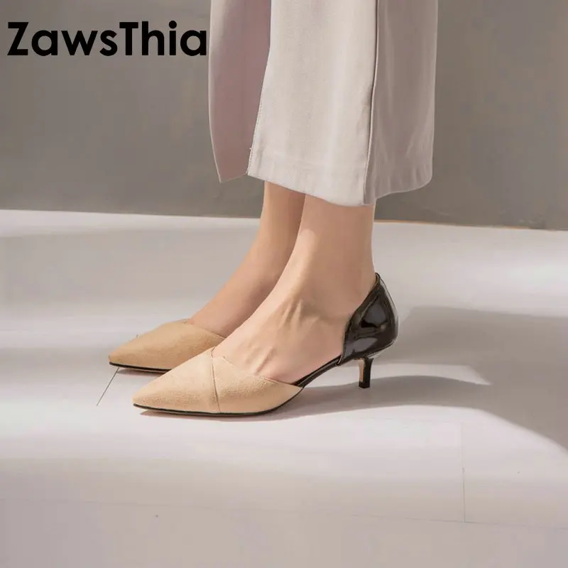 

ZawsThia 2019 sweet female shoes autumn spring shallow wedding party med high heels D'Orsay Two-Piece pumps woman shoes size 43