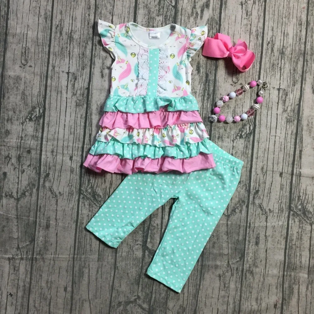

new baby outfits girls Spring summer children clothes suit short sleeves mint pink unicorn capris sets ruffles match accessories