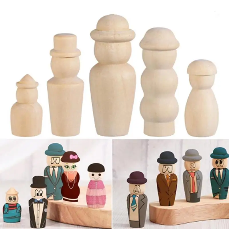 

5PCS Wooden Peg Dolls Unfinished Crafts Diy Kid's Graffiti Wood Products 40mm Wood Color Small Wooden Lotus White Embryo Puppet