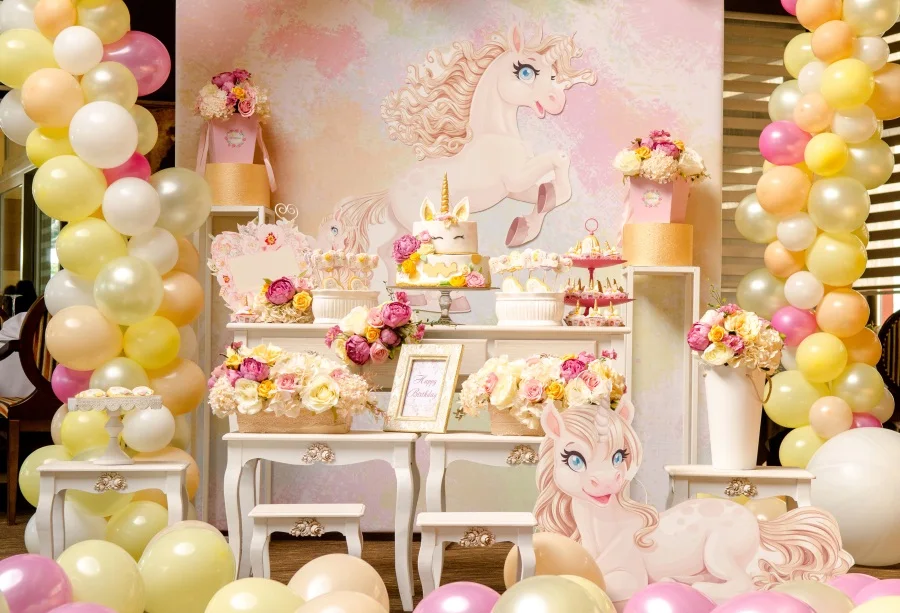 

Laeacco Colorful Balloons Flowers Unicorn Cake Baby Photography Backgrounds Customized Photographic Backdrops For Photo Studio