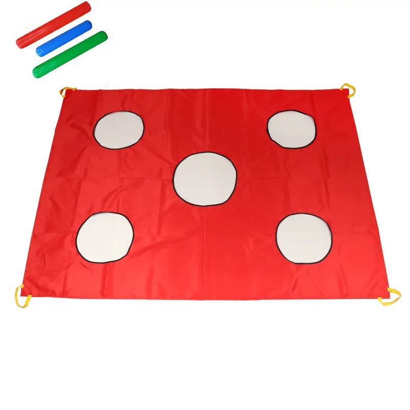 

Rectangle Kids Parachute with 5 Holes, Rainbow Umbrella with 3pcs Inflatable Stick, Suit For 6-13kids Play Poke A Mole Game