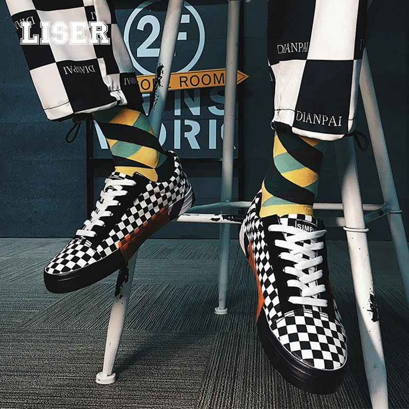 

men's checkered pattern sneakers 2019 fall new arrival black white flat canvas punk street style young teenage casual shoes