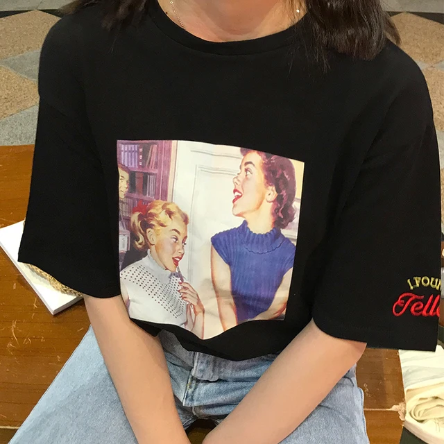 2017 Vintage College Wind Character Printed Letter Embroidered Cotton Causal Short Sleeve Female T-shirts 1