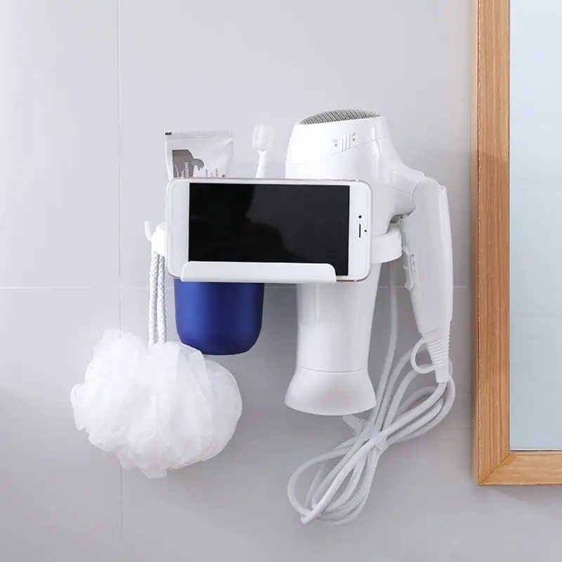

Double Hole Adhesive Wall Mount Plastic Hair Dryer Holder Rack Blower Organizer Hanging Shelf Storage for Bathroom Hotel