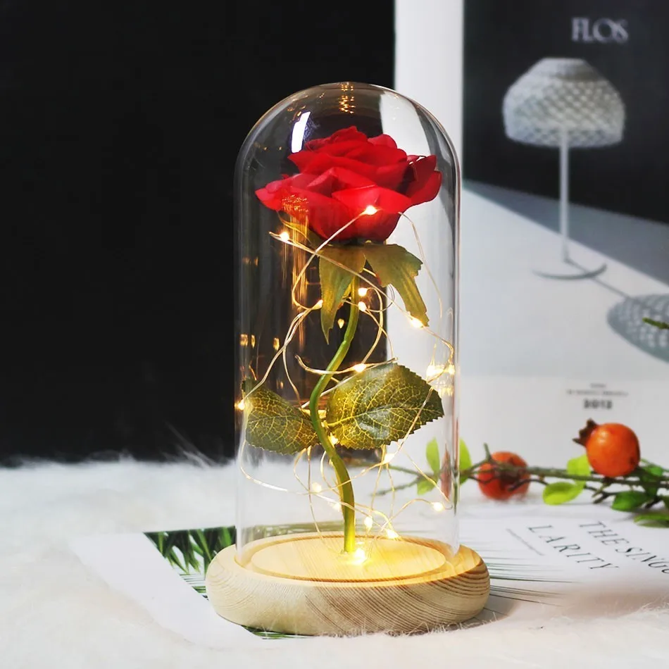 

artificial flowers Rose in a Glass Dome with LED Light Wood Base for Mother's Day Gifts and Valentine's Day