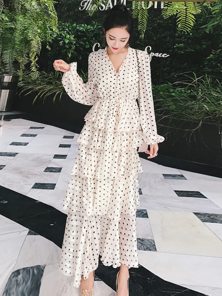 Superposée Dot Robe 2019 Femmes Longue D'été Vintage Beige Printemps Dress Long Polka Plage fwZqnRH