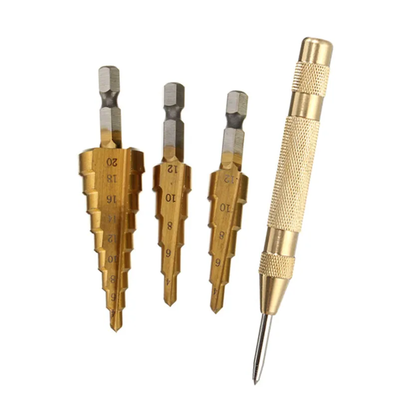 3pcs/set Hex HSS Step Cone Titanium Drill Bits Hole Cutter + Automatic Center Punch Set Bit Tool Kit | Инструменты