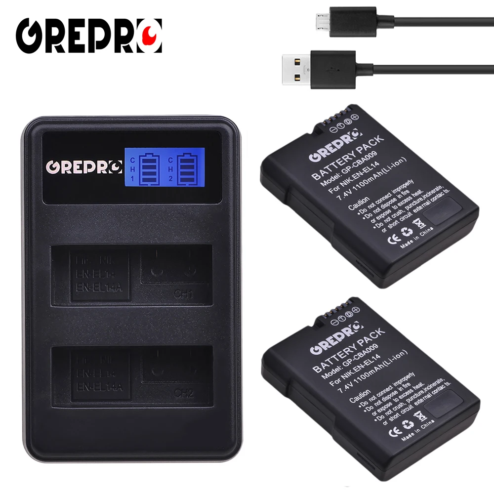 

GREPRO 2pcs EN-EL14 EN-EL14a ENEL14 EL14 EL14a Battery+LCD USB Dual Charger for Nikon D3100 D3200 D3300 D5100 D5200 D5300 P7000