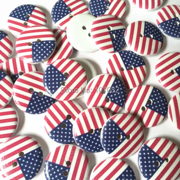 100pcs 20mm USA America Flag Wood Buttons Round Baby Sewing 2 Holes