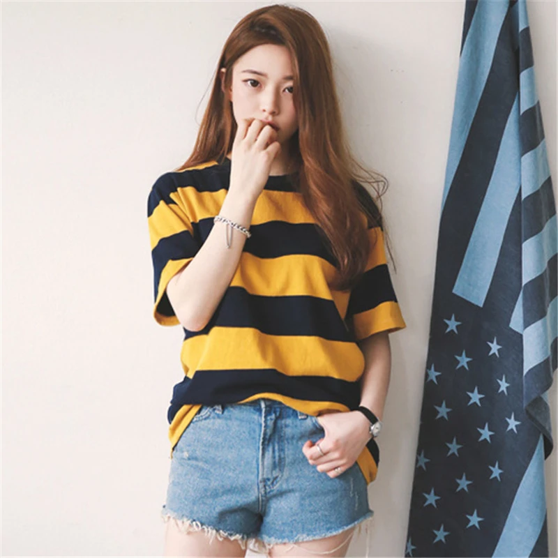 

Women Summer T-shirts Loose Round Neck Striped Short Sleeves Female Tops NYZ Shop