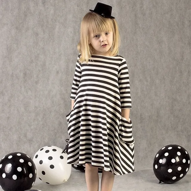 New Arrival Children Clothing Black And White Striped Dress Winter Girl