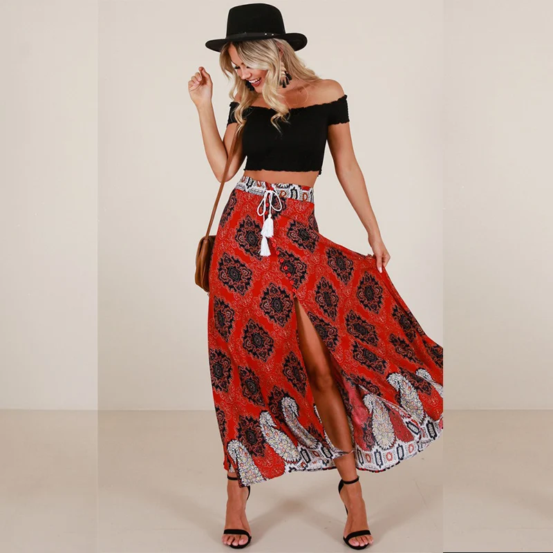 

Elegant Red Mid Waist Asymmetrical Flok Print Maxi Summer Skirts Womens Morden Boho Casual Beach Vacation Long Skirts Jupe Femme