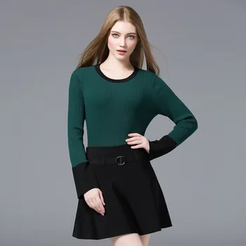 

Euro Style New Style Spliced Panelled Women's Jersey Fashion All Matched Pullover Knitted Sweater Long Sleeve Round Neck Tops