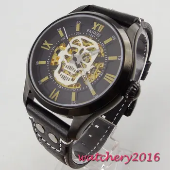 

Parnis Mechanical Men's Fashion Design Skull dial Men Automatic Watch 43mm Sapphire Crystal Black PVD Case Luminous Leather