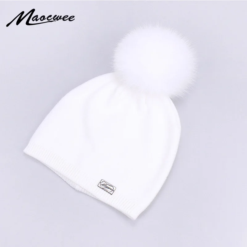 

100% Fox Fur Pompom Hat Women Knitted Beanies Hats Solid Black White Soft Warm Winter Twist Skullies Fluffy Pom Pom Caps Bones