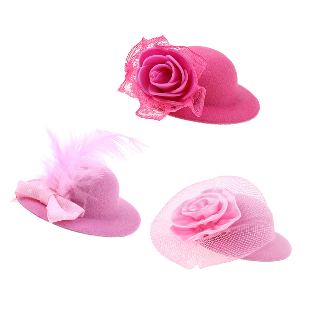  3Pcs Trendy Lady Vintage Round Bowler Doll Hats Caps for 28-30cm   Doll Headdressing Cotume Clothes Accessory Pink