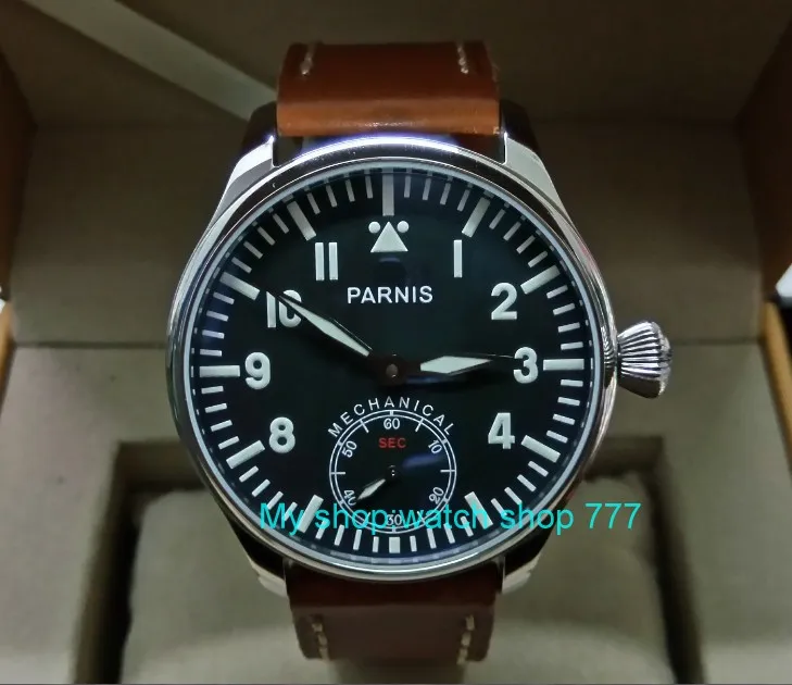 Синий световой 44 мм Parnis черный циферблат 6498/st3621 Механический ручной взвод движения мужские часы механические часы 0143a