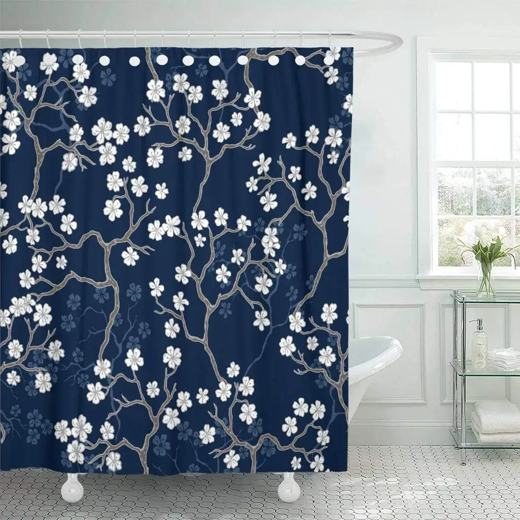 Fabric Shower Curtain Hooks Pink Sakura Cherry Blossoms The Branches Pattern on Navy Flower Japan Romantic | Дом и сад