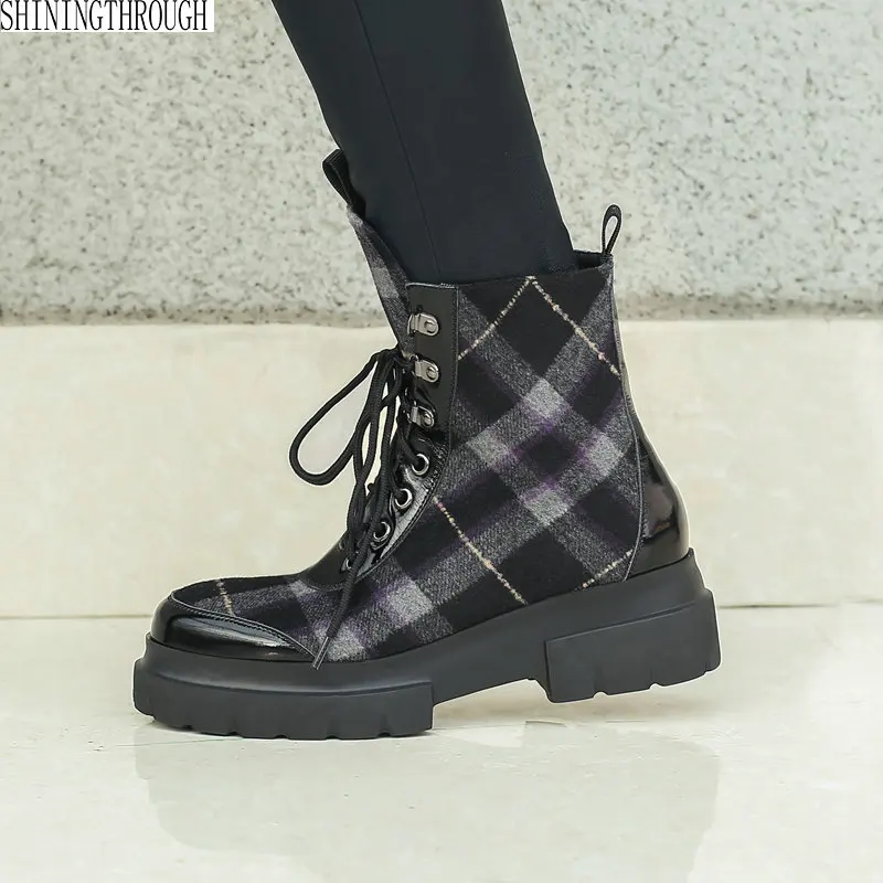 

Genuine leather gingham women boots thick heels platform women motorcycle shoes punk handsome superstar ankle boots