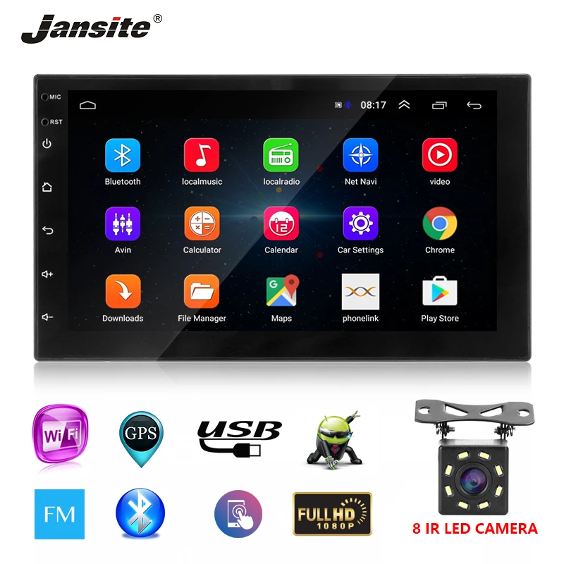 

Jansite 7" Universal Double DIN Car Radio Android 8.1 player Touch screen Bluetooth mirror Autoradio + 8LED light Rear camera