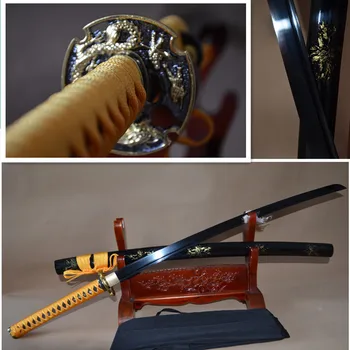 

Hand Forged Japanese Samurai Practise Sword KATANA 1060 high Carbon Steel Full Tang black Blade dragon theme tsuba