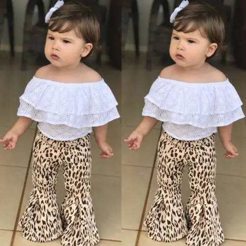 

New Fashion Lovely Girls Summer Clothes Sets Lace Floral Ruffles Neck Tops+ Leopard Wide Leg Pants Girls Fashion Outfits Set