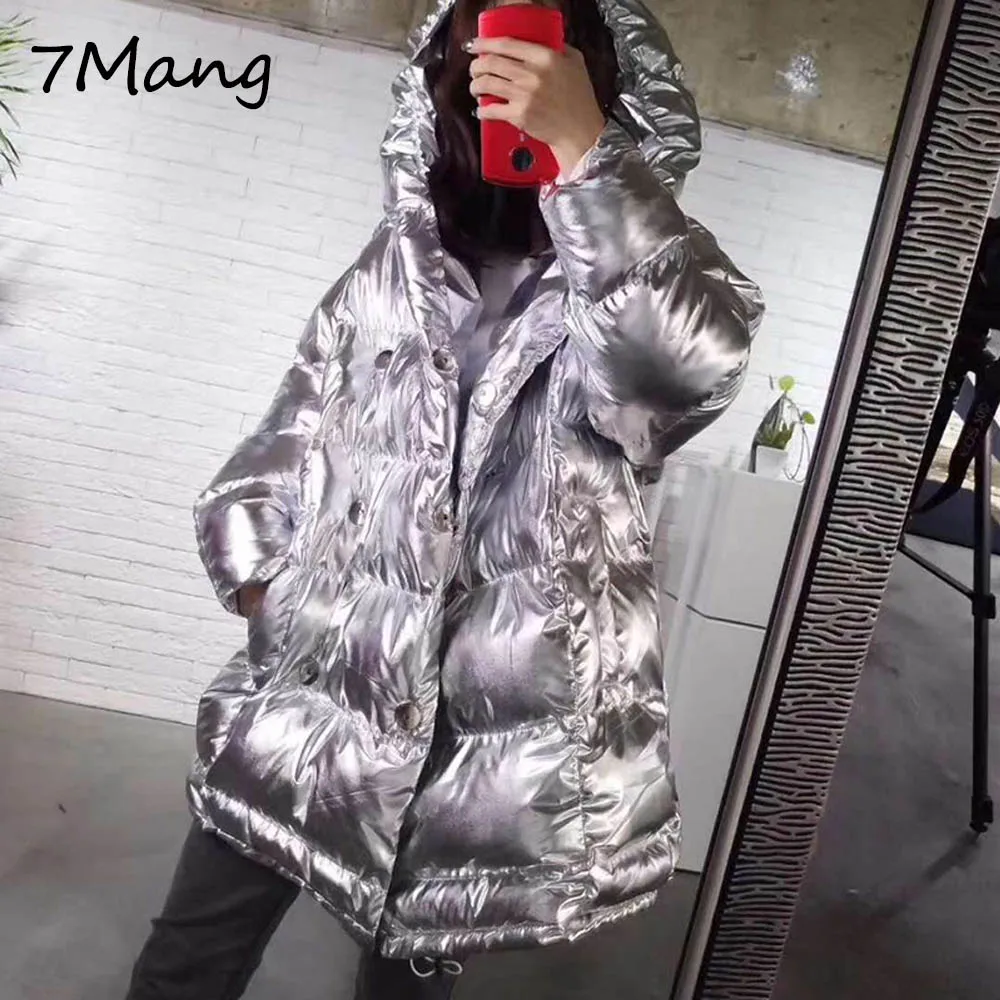 

7Mang 2018 Women Bright Surface Parka Street Silver Black Metal Color Thicken Cotton Padded Long Warm Hooded Winter Coat