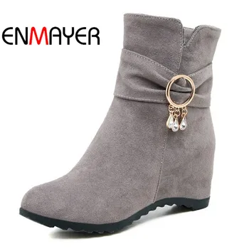 

ENMAYER New Women Zipper Work Shoes Black Crystal Ladies Ankle Boots Gray Black Woman Shoes Soft Boots for Women Plsu Size 34-43