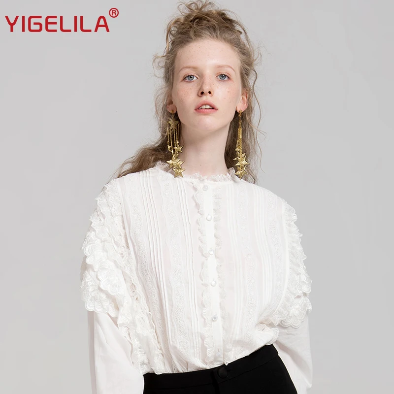 YIGELILA 2019 Latest Autumn Women Fashion Office Lady Casual All-match O-neck Full Sleeve White Lace Shirt 7544 |