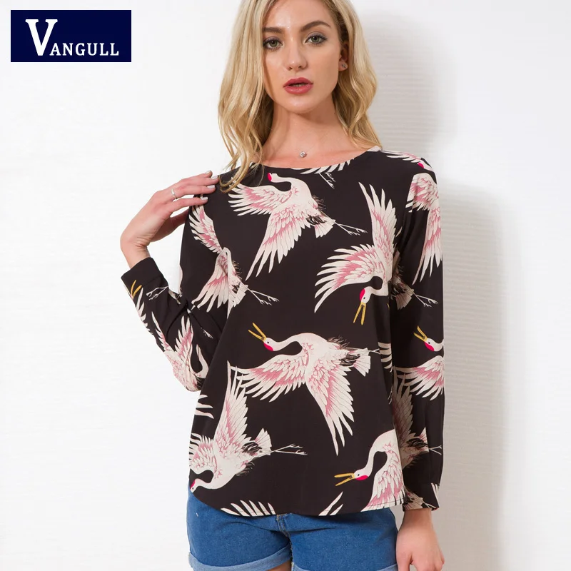 Meilleur Vangull Femmes Rétro Grue motif chemises nouvelle longue manches o cou blouse vintage dames de base printemps Été casual wear chic tops