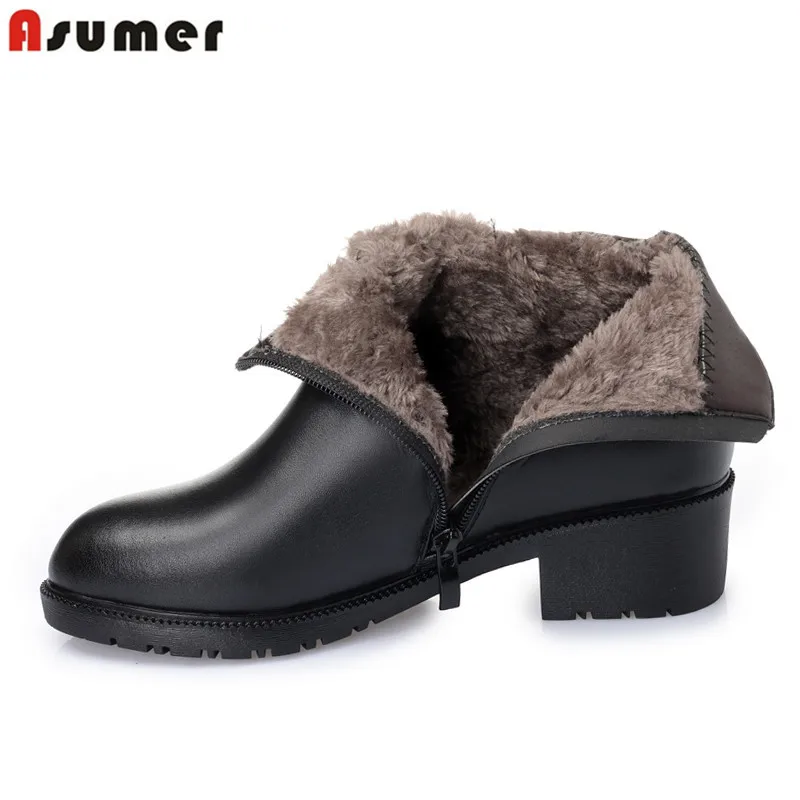 Cena ASUMER 2019 nowe zimowe buty śniegowe damskie okrągłe toe zip buty z prawdziwej skóry kwadratowy obcas utrzymać ciepłe botki damskie buty