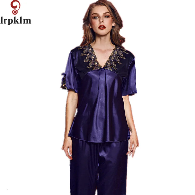 New Style Women Silk Pajamas Sets 2017 Spring Summer Design Elegant