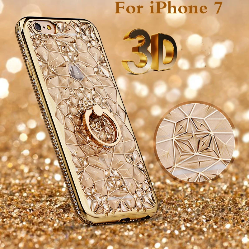 

Luxury 3D Mosaic Crystal Flower Ring Phone Case for iPhone 7 Diamond Phone Cover soft plating TPU Shockproof Shell for iPhone7