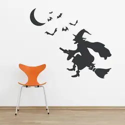 Черная ведьма на метле с летающие летучие мыши наклейки на стены виниловые Книги по искусству Жуткий Хэллоуин Настенная Стикеры детская