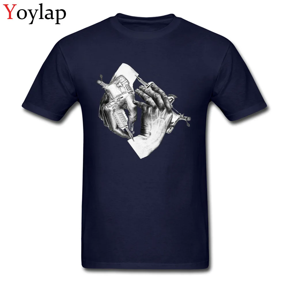 Casual Men Escher Tattoo T Shirt Wholesale Summer/Autumn Short Sleeve O-Neck All Cotton Tops Tees Funny Clothing Shirt navy