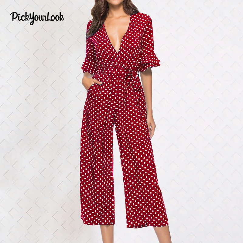 PickyourLook Jumpsuits for Women 2018 Summer Rompers Womens Jumpsuit Flare Sleeve Sexy Polka Dot Jumpsuit Deep V Beach Jumpsuit 