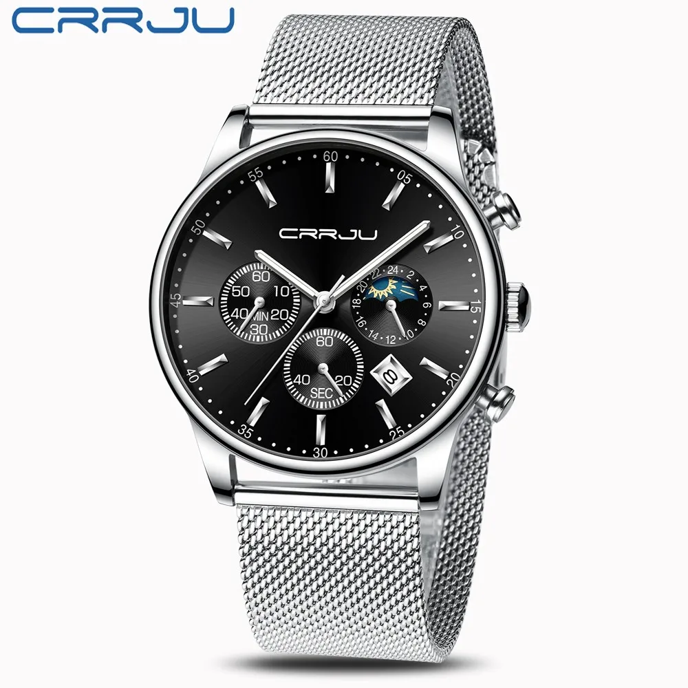 Reloj hombre CRRJU Топ Роскошные мужские многофункциональные часы водонепроницаемые деловые повседневные кварцевые наручные часы с датой мужские часы с сетчатым ремешком - Цвет: silver black