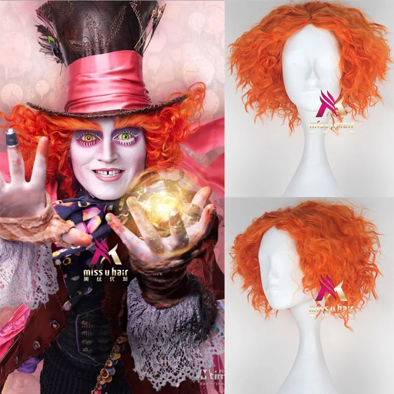 Хэллоуин Алиса в стране чудес мужской Mad Hatter оранжевый парик Таррант Hightopp короткие вьющиеся волосы Ролевые костюмы