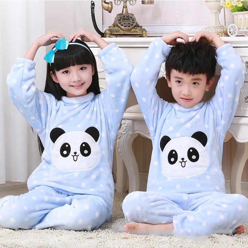 Зимние фланелевые пижамные костюмы для мальчиков и девочек, 23 стиля комплекты детской одежды для сна с милым рисунком домашние пижамы с длинными рукавами и принтом - Цвет: Panda Dot