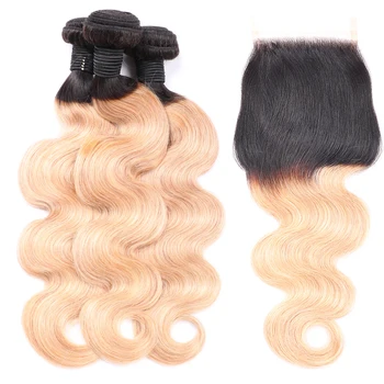 

Abijale Body Wave Human Hair Bundles With Closure Ombre Bundles With Closure T1B/27 Brazilian Hair Weave Bundles Remy