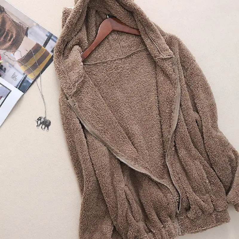 

Women Hoodies Zipper Girl Winter Loose Fluffy Bear Ear Hooded Jacket Warm Outerwear Coat Cute Sweatshirt