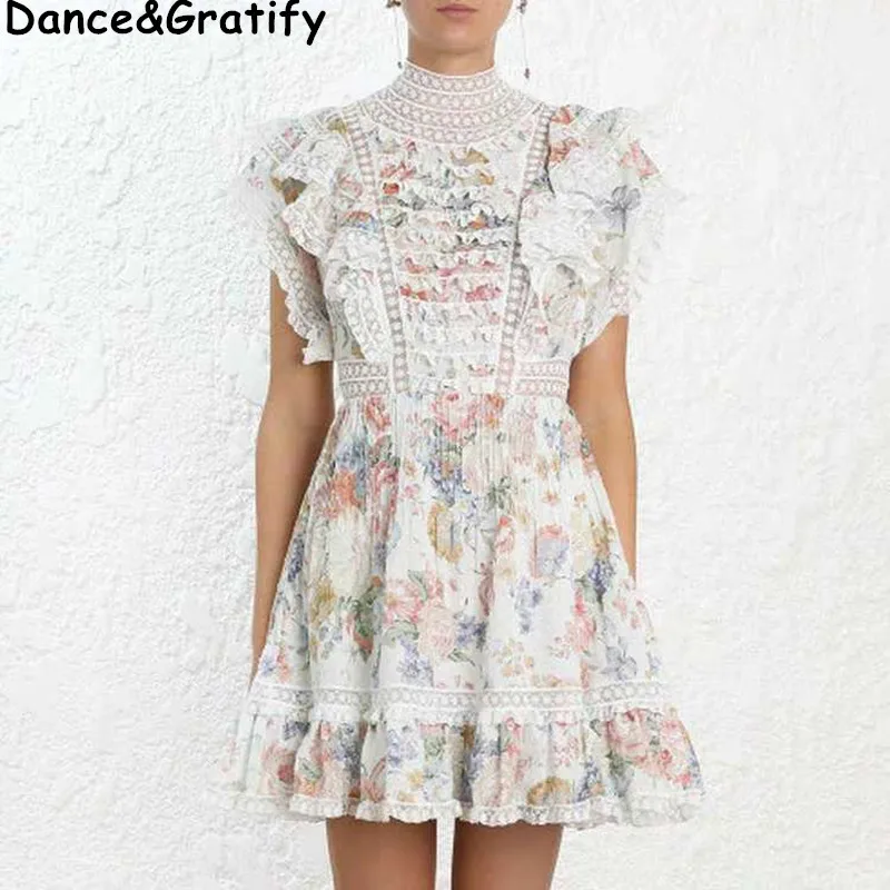 

Runway Dress 2019 Spring Summer Luxurious Women Stand Neck Lace Floral Print Patchwork Slim Fitted Dress Sweet Party Vestidos